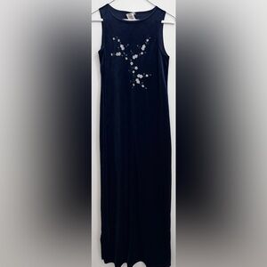 Vintage Y2K Jalate Navy Blue Long Velvet Sheath Floral Embroidered Shift Dress S